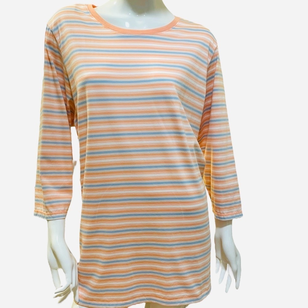 Lands' End Peach Blue Striped Top Crew Neck 3/4 Sleeve 3X
